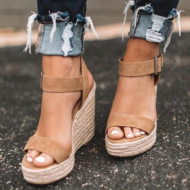 Summer Sandals Women Platform Shoes Candy Color Casual Girls Slip On Strap Cross Platform Espadrille Open Toe High Heel Sandals With Ankle Strap Buckle Up Shoes