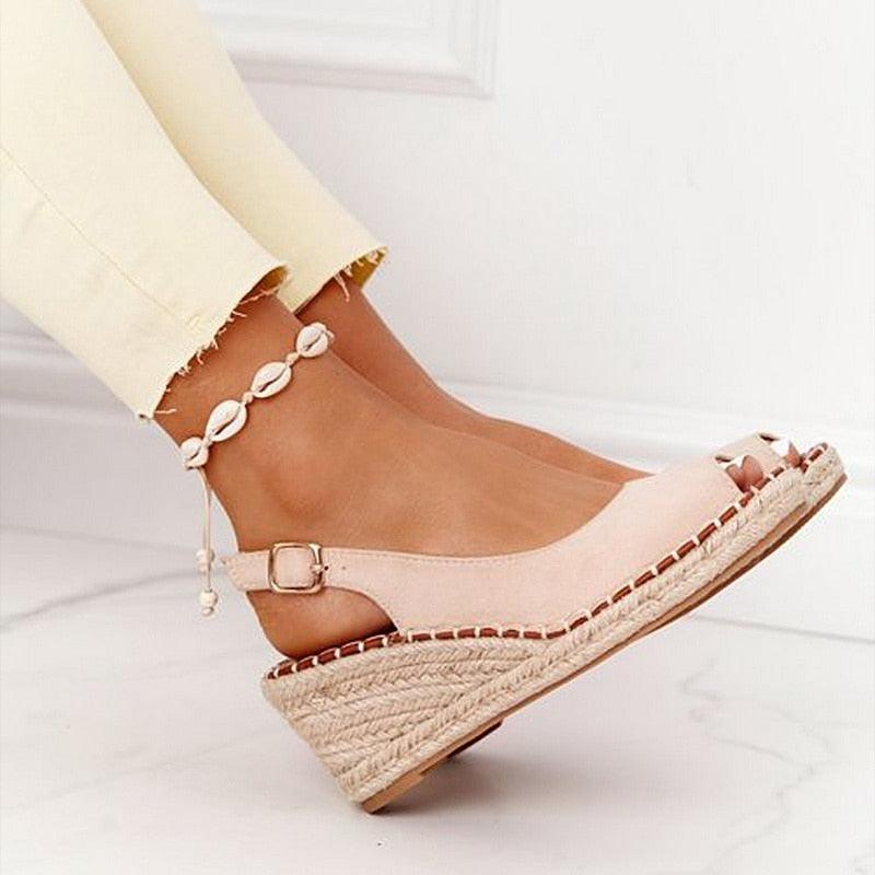 Summer Sandals Women Platform Shoes Candy Color Casual Girls Slip On Strap Cross Platform Espadrille Open Toe High Heel Sandals With Ankle Strap Buckle Up Shoes