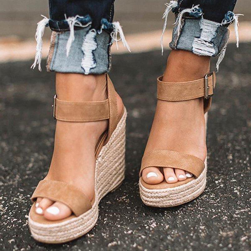Summer Sandals Women Platform Shoes Candy Color Casual Girls Slip On Strap Cross Platform Espadrille Open Toe High Heel Sandals With Ankle Strap Buckle Up Shoes