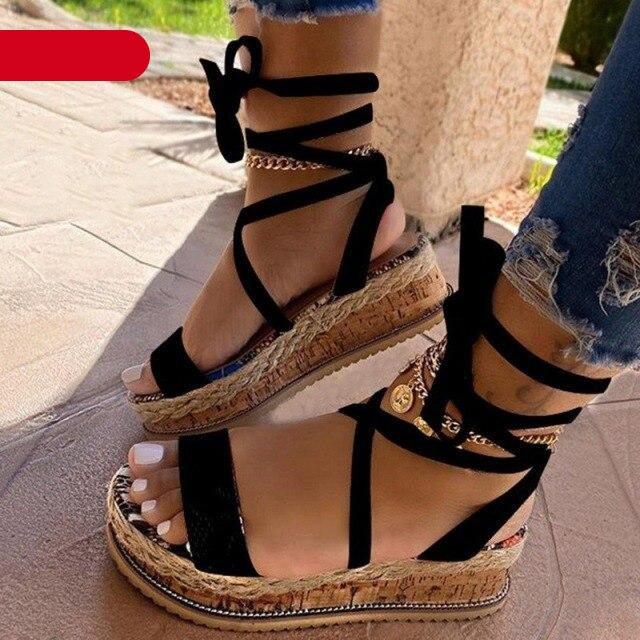 Summer Sandals Women Platform Shoes Candy Color Casual Girls Slip On Strap Cross Platform Espadrille Open Toe High Heel Sandals With Ankle Strap Buckle Up Shoes