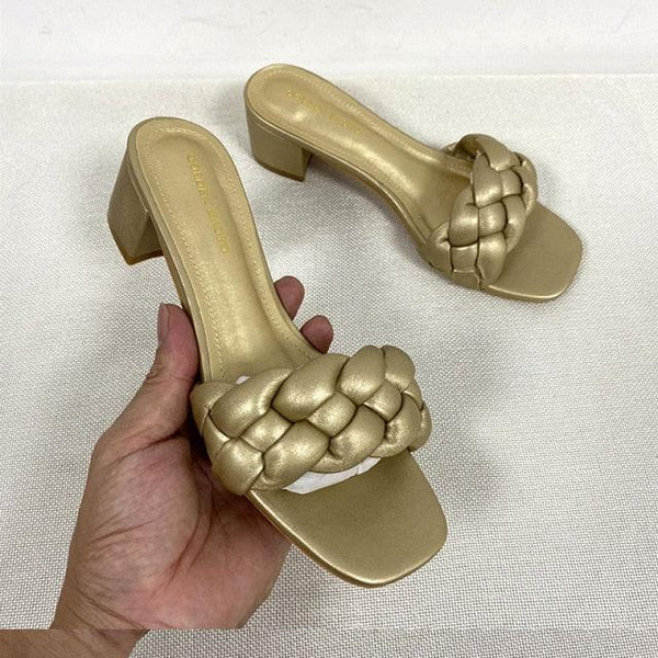Summer Solid Weave Women Square Heel Sandal Fashion Thick High Heels Outdoor Party Slides Sandals Womens Open Toe Flat Slip-on Leather Weave Casual Walking Slippers Flip Flop
