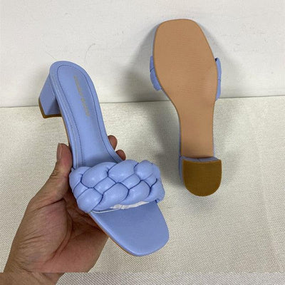 Summer Solid Weave Women Square Heel Sandal Fashion Thick High Heels Outdoor Party Slides Sandals Womens Open Toe Flat Slip-on Leather Weave Casual Walking Slippers Flip Flop