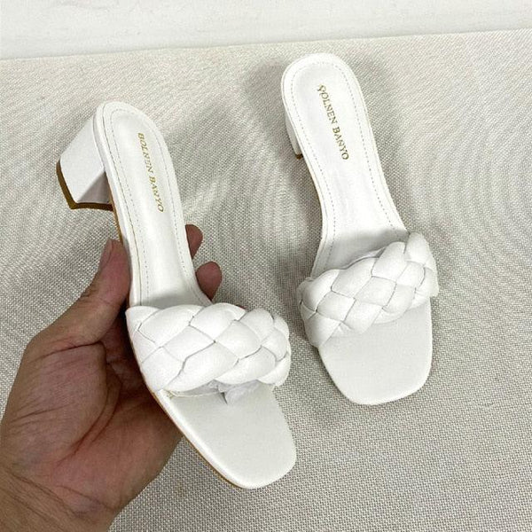 Summer Solid Weave Women Square Heel Sandal Fashion Thick High Heels Outdoor Party Slides Sandals Womens Open Toe Flat Slip-on Leather Weave Casual Walking Slippers Flip Flop