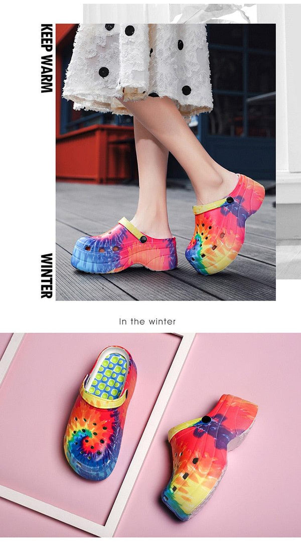 Summer Women Clogs Quick Dry Rainbow Tie Thick Wedges Garden Shoes Beach Sandals Flip Flops For Women Slipper Lightweight Home Slip On Walking Casual Art Painted Travel Holiday Shoes