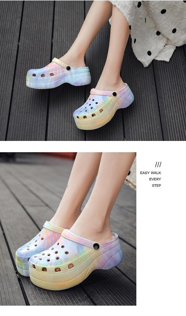 Summer Women Clogs Quick Dry Rainbow Tie Thick Wedges Garden Shoes Beach Sandals Flip Flops For Women Slipper Lightweight Home Slip On Walking Casual Art Painted Travel Holiday Shoes