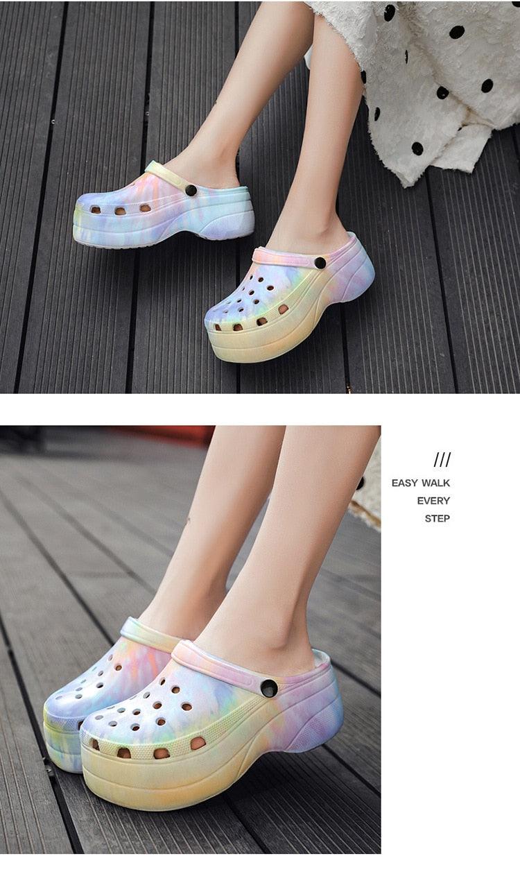 Summer Women Clogs Quick Dry Rainbow Tie Thick Wedges Garden Shoes Beach Sandals Flip Flops For Women Slipper Lightweight Home Slip On Walking Casual Art Painted Travel Holiday Shoes