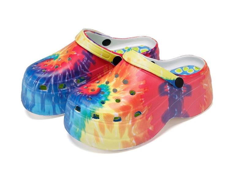 Summer Women Clogs Quick Dry Rainbow Tie Thick Wedges Garden Shoes Beach Sandals Flip Flops For Women Slipper Lightweight Home Slip On Walking Casual Art Painted Travel Holiday Shoes