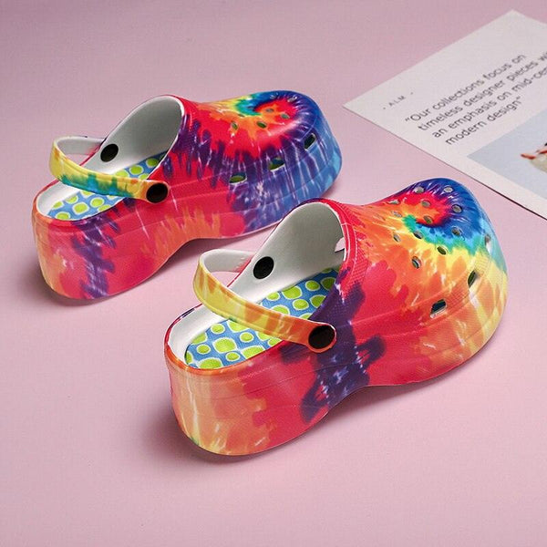 Summer Women Clogs Quick Dry Rainbow Tie Thick Wedges Garden Shoes Beach Sandals Flip Flops For Women Slipper Lightweight Home Slip On Walking Casual Art Painted Travel Holiday Shoes
