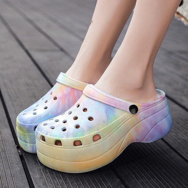 Summer Women Clogs Quick Dry Rainbow Tie Thick Wedges Garden Shoes Beach Sandals Flip Flops For Women Slipper Lightweight Home Slip On Walking Casual Art Painted Travel Holiday Shoes