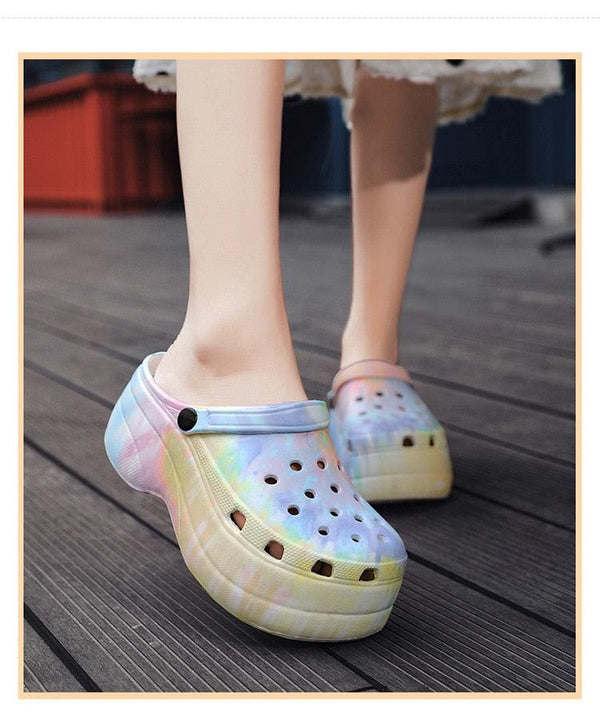 Summer Women Clogs Quick Dry Rainbow Tie Thick Wedges Garden Shoes Beach Sandals Flip Flops For Women Slipper Lightweight Home Slip On Walking Casual Art Painted Travel Holiday Shoes