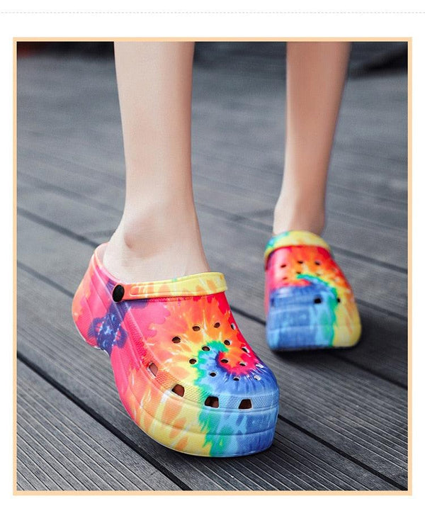 Summer Women Clogs Quick Dry Rainbow Tie Thick Wedges Garden Shoes Beach Sandals Flip Flops For Women Slipper Lightweight Home Slip On Walking Casual Art Painted Travel Holiday Shoes