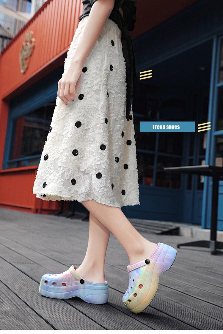 Summer Women Clogs Quick Dry Rainbow Tie Thick Wedges Garden Shoes Beach Sandals Flip Flops For Women Slipper Lightweight Home Slip On Walking Casual Art Painted Travel Holiday Shoes