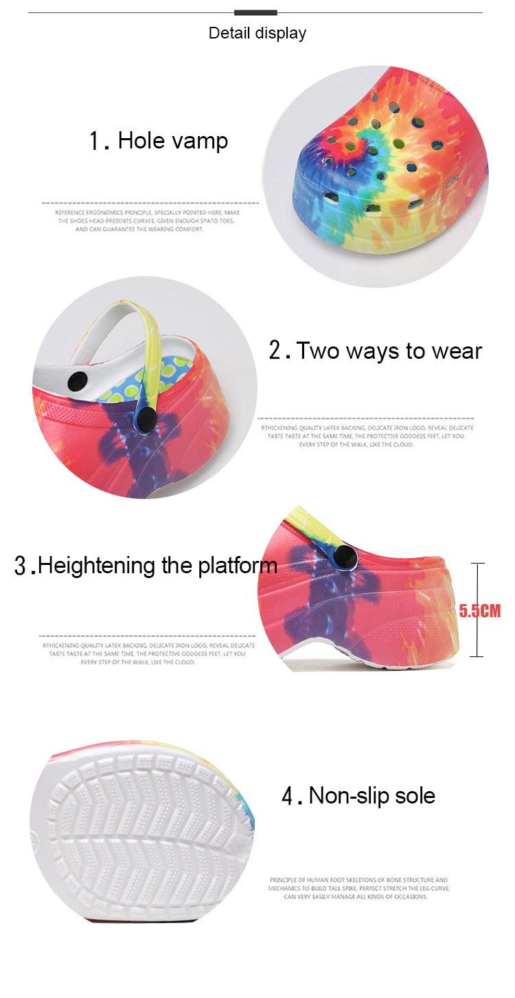 Summer Women Clogs Quick Dry Rainbow Tie Thick Wedges Garden Shoes Beach Sandals Flip Flops For Women Slipper Lightweight Home Slip On Walking Casual Art Painted Travel Holiday Shoes