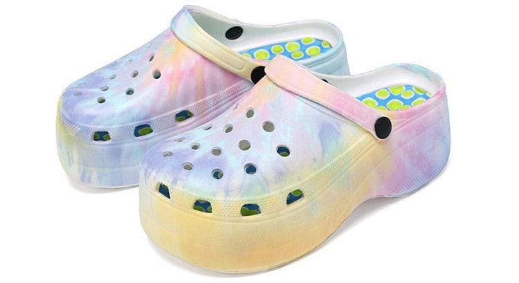 Summer Women Clogs Quick Dry Rainbow Tie Thick Wedges Garden Shoes Beach Sandals Flip Flops For Women Slipper Lightweight Home Slip On Walking Casual Art Painted Travel Holiday Shoes