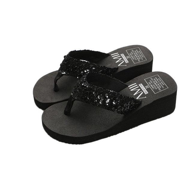Summer Women Flip Flops Casual Sequins Anti-Slip Slippers Beach Flip Flat Sandals Beach Open Toe Shoes Womens Glitter Bling Fancy Slide Flat Low Sparkle Sandals Elegant Shoes