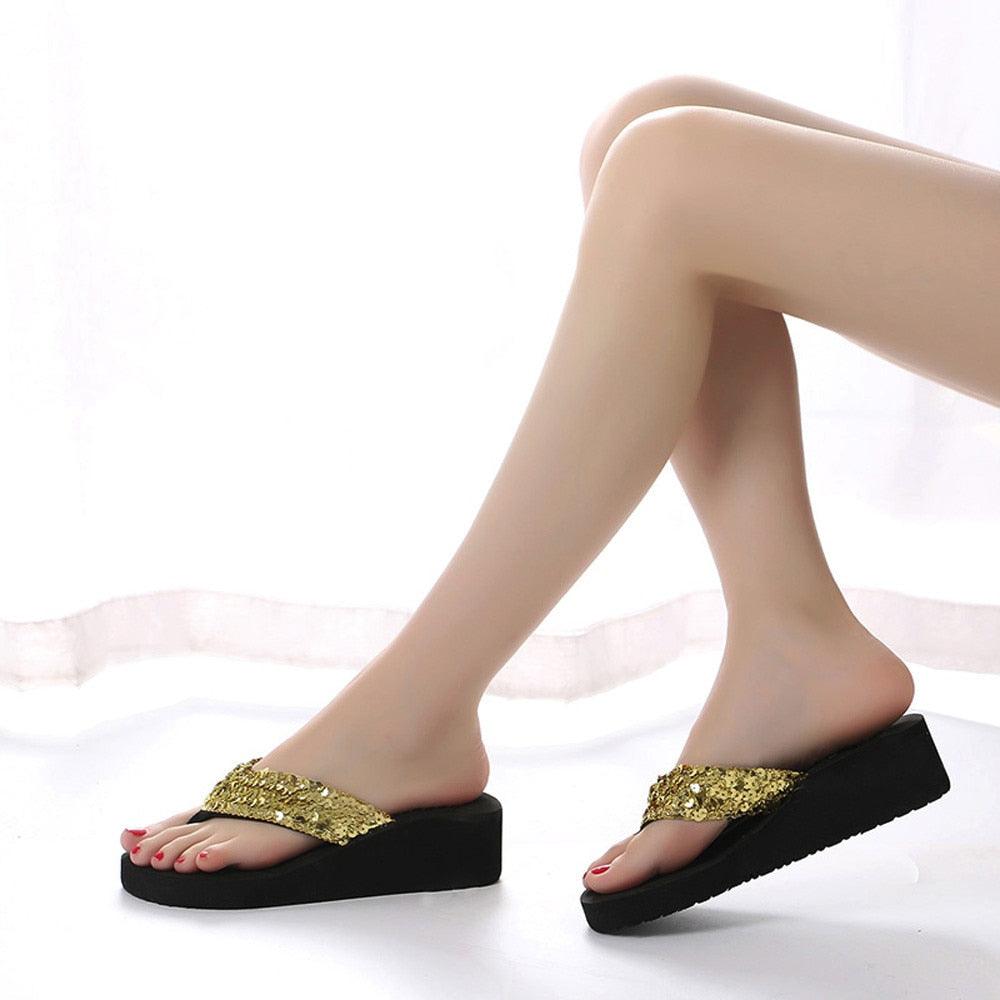 Summer Women Flip Flops Casual Sequins Anti-Slip Slippers Beach Flip Flat Sandals Beach Open Toe Shoes Womens Glitter Bling Fancy Slide Flat Low Sparkle Sandals Elegant Shoes