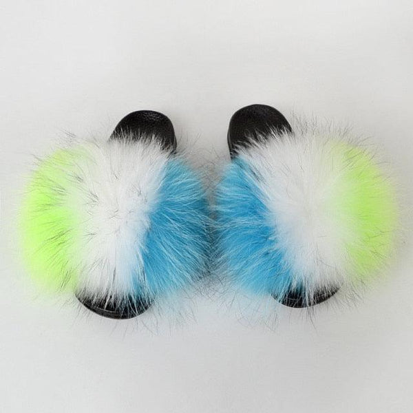 Summer Women Raccoon Fur Slippers Plush Slides Furry Sandals Fluffy House Shoes Girl's Cute Flip Flops Sandal With Soft Furry Faux Fox Fur House Outdoor Multicolor Slippers