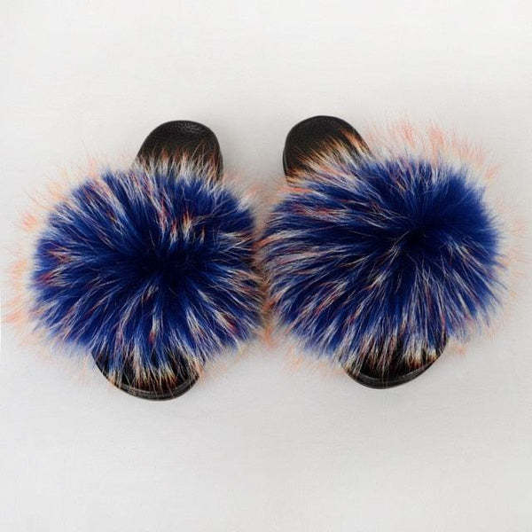 Summer Women Raccoon Fur Slippers Plush Slides Furry Sandals Fluffy House Shoes Girl's Cute Flip Flops Sandal With Soft Furry Faux Fox Fur House Outdoor Multicolor Slippers