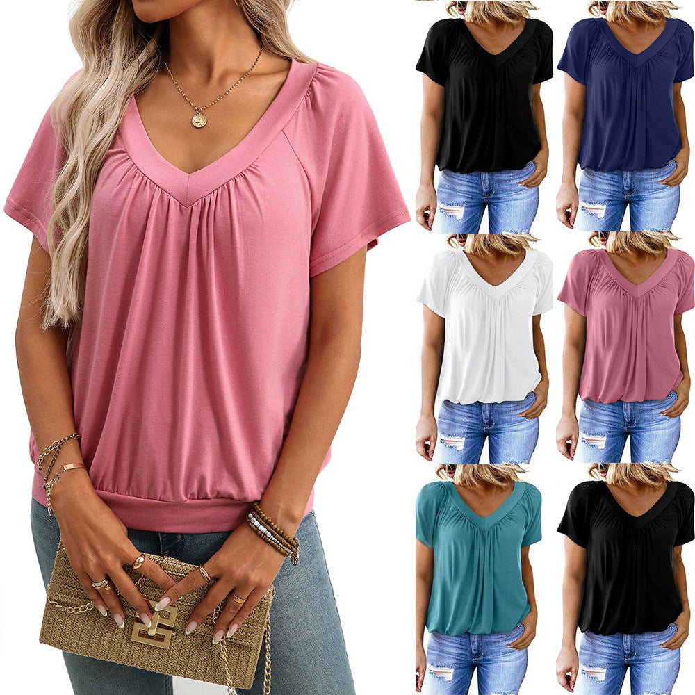 Summer women's new V-neck pleated loose short sleeved T-shirt for women