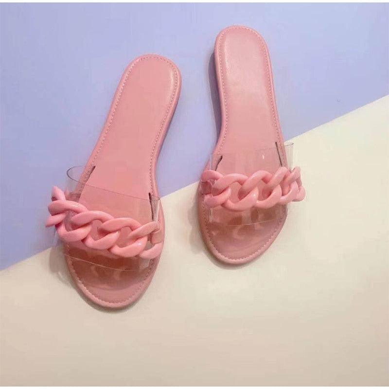 Summer Women's Slippers Flats Metal Chain Slides Square Toe Flip Flops Woman Beach Slipper Beach Open Toe Flat Slippers Fashion Golden Chain Luxury Slide Flip Flops Slip On Outdoor Slipper