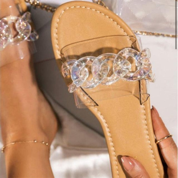 Summer Women's Slippers Flats Metal Chain Slides Square Toe Flip Flops Woman Beach Slipper Beach Open Toe Flat Slippers Fashion Golden Chain Luxury Slide Flip Flops Slip On Outdoor Slipper