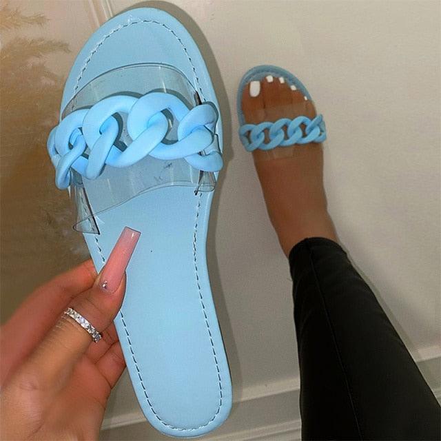 Summer Women's Slippers Flats Metal Chain Slides Square Toe Flip Flops Woman Beach Slipper Beach Open Toe Flat Slippers Fashion Golden Chain Luxury Slide Flip Flops Slip On Outdoor Slipper