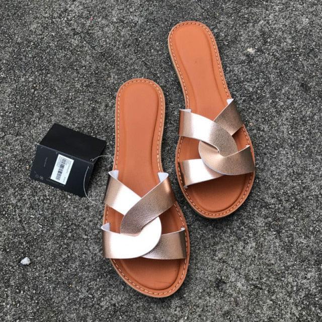 Summer Women Sandals Shoes Fashion Leather Surface Female Slippers Solid High Quality Woman Flat Slides Sandals Casual Strap Cross Slip On Sliders Beach Flat Sandals For Women