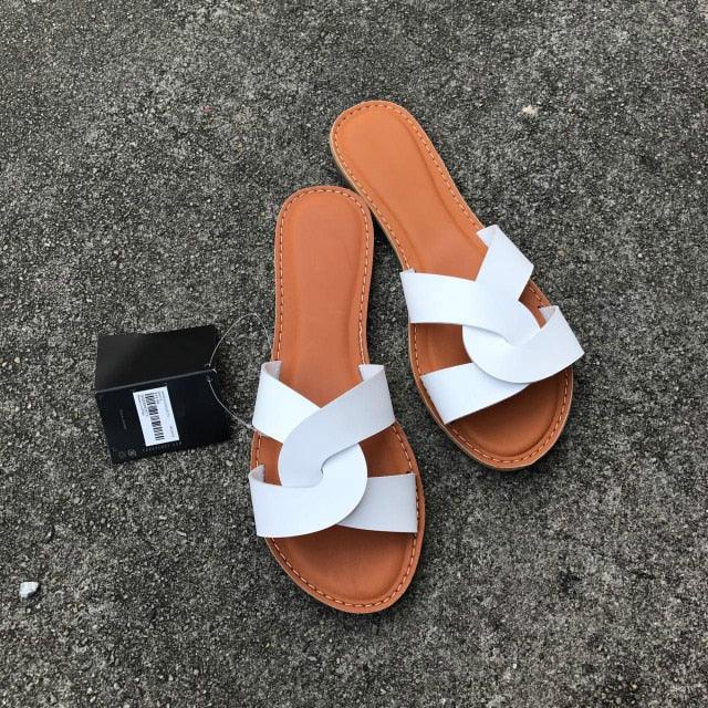 Summer Women Sandals Shoes Fashion Leather Surface Female Slippers Solid High Quality Woman Flat Slides Sandals Casual Strap Cross Slip On Sliders Beach Flat Sandals For Women