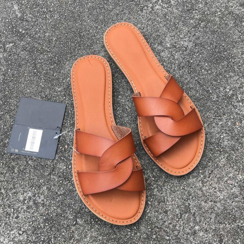 Summer Women Sandals Shoes Fashion Leather Surface Female Slippers Solid High Quality Woman Flat Slides Sandals Casual Strap Cross Slip On Sliders Beach Flat Sandals For Women