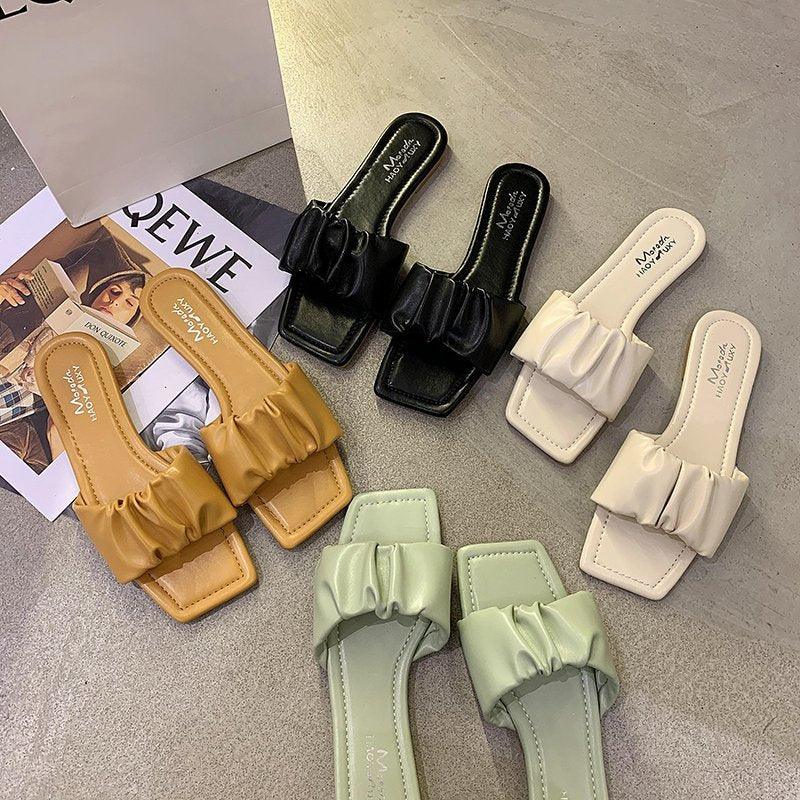 Summer Women Sandals Slippers Pleated Flip Flop Casual Beach Square Open Toe Shoes Outdoor Slippers Open Toe Flat Sandals Slip On Slide Sandals Strap Flat Sandals
