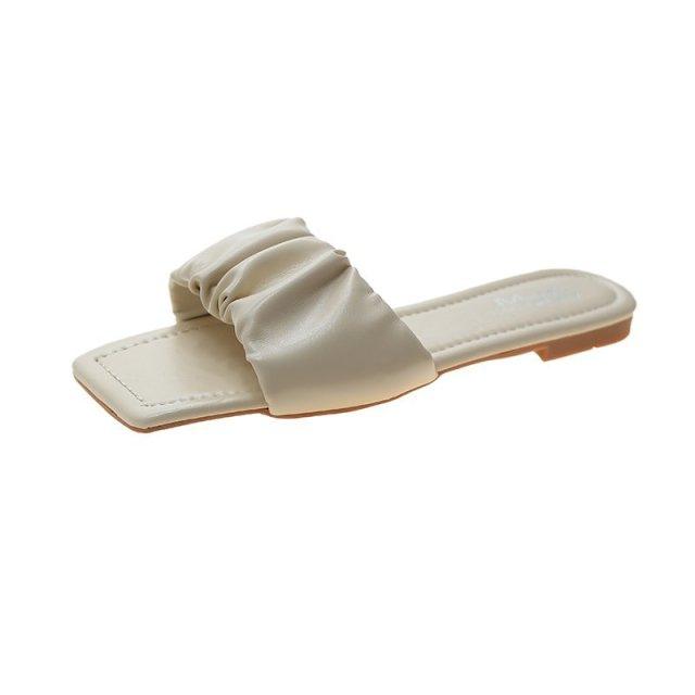 Summer Women Sandals Slippers Pleated Flip Flop Casual Beach Square Open Toe Shoes Outdoor Slippers Open Toe Flat Sandals Slip On Slide Sandals Strap Flat Sandals