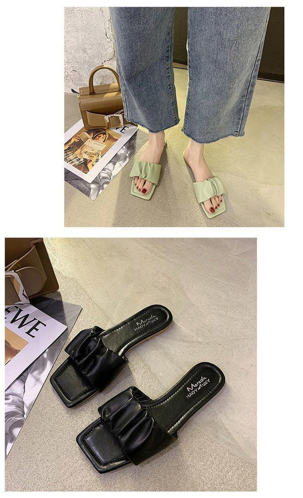 Summer Women Sandals Slippers Pleated Flip Flop Casual Beach Square Open Toe Shoes Outdoor Slippers Open Toe Flat Sandals Slip On Slide Sandals Strap Flat Sandals