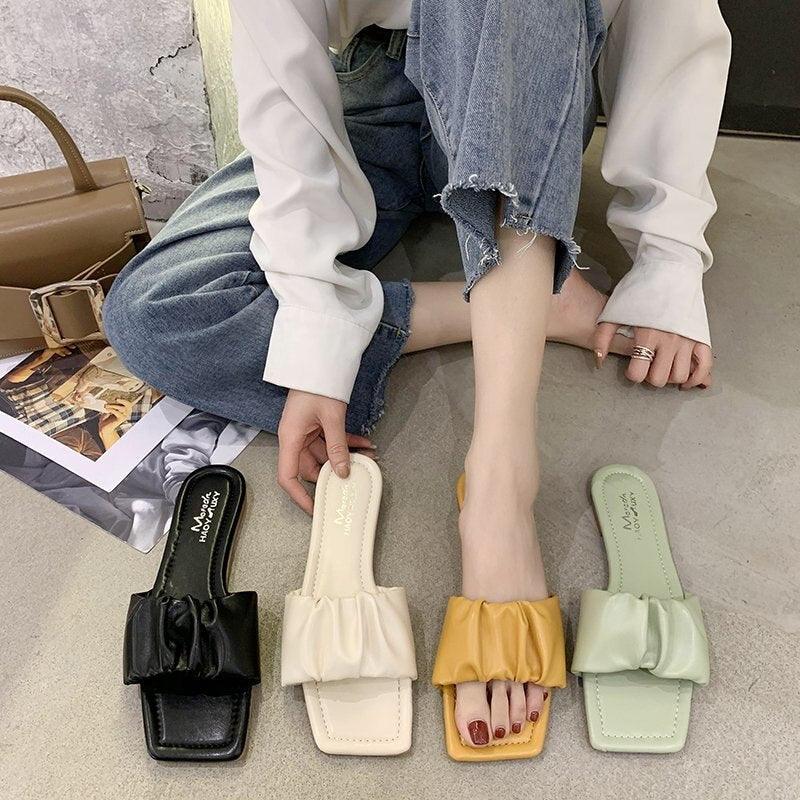Summer Women Sandals Slippers Pleated Flip Flop Casual Beach Square Open Toe Shoes Outdoor Slippers Open Toe Flat Sandals Slip On Slide Sandals Strap Flat Sandals