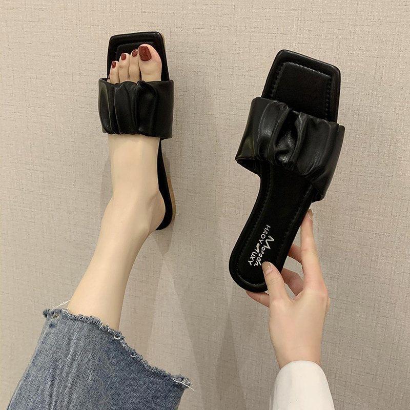 Summer Women Sandals Slippers Pleated Flip Flop Casual Beach Square Open Toe Shoes Outdoor Slippers Open Toe Flat Sandals Slip On Slide Sandals Strap Flat Sandals