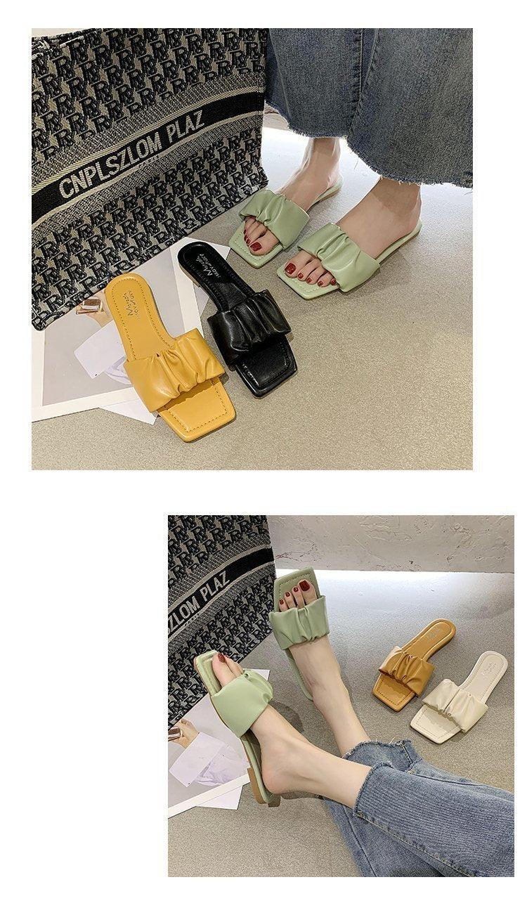Summer Women Sandals Slippers Pleated Flip Flop Casual Beach Square Open Toe Shoes Outdoor Slippers Open Toe Flat Sandals Slip On Slide Sandals Strap Flat Sandals