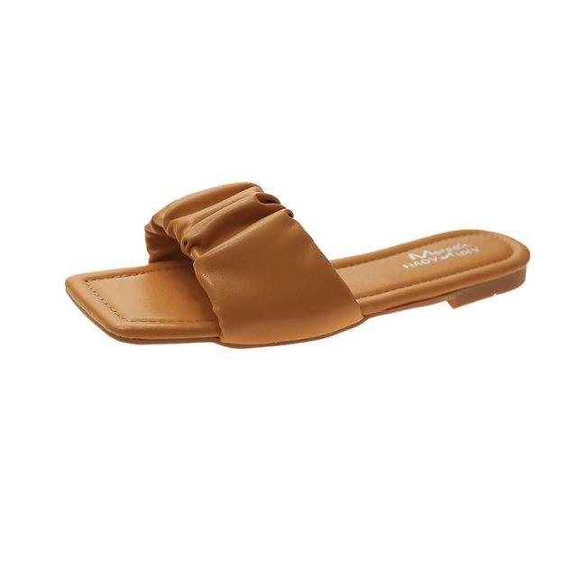 Summer Women Sandals Slippers Pleated Flip Flop Casual Beach Square Open Toe Shoes Outdoor Slippers Open Toe Flat Sandals Slip On Slide Sandals Strap Flat Sandals