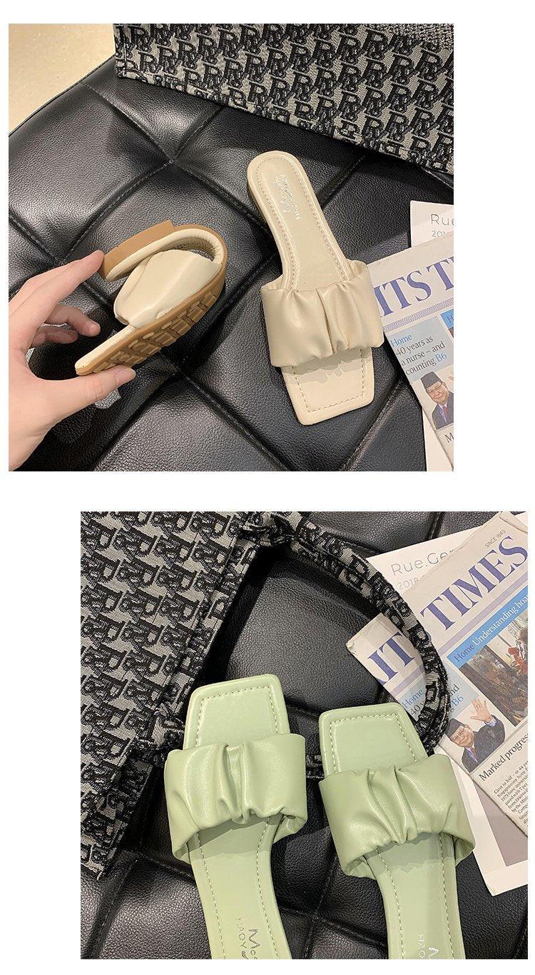Summer Women Sandals Slippers Pleated Flip Flop Casual Beach Square Open Toe Shoes Outdoor Slippers Open Toe Flat Sandals Slip On Slide Sandals Strap Flat Sandals