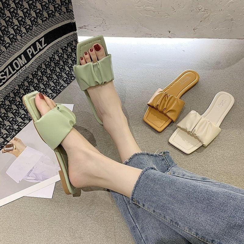 Summer Women Sandals Slippers Pleated Flip Flop Casual Beach Square Open Toe Shoes Outdoor Slippers Open Toe Flat Sandals Slip On Slide Sandals Strap Flat Sandals