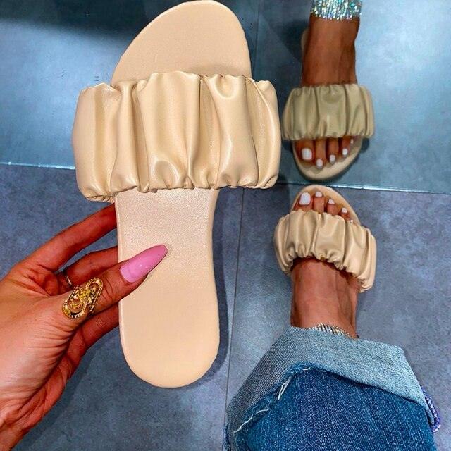 Summer Women Sandals Slippers Pleated Flip Flop Casual Beach Square Open Toe Shoes Outdoor Slippers Open Toe Flat Sandals Slip On Slide Sandals Strap Flat Sandals