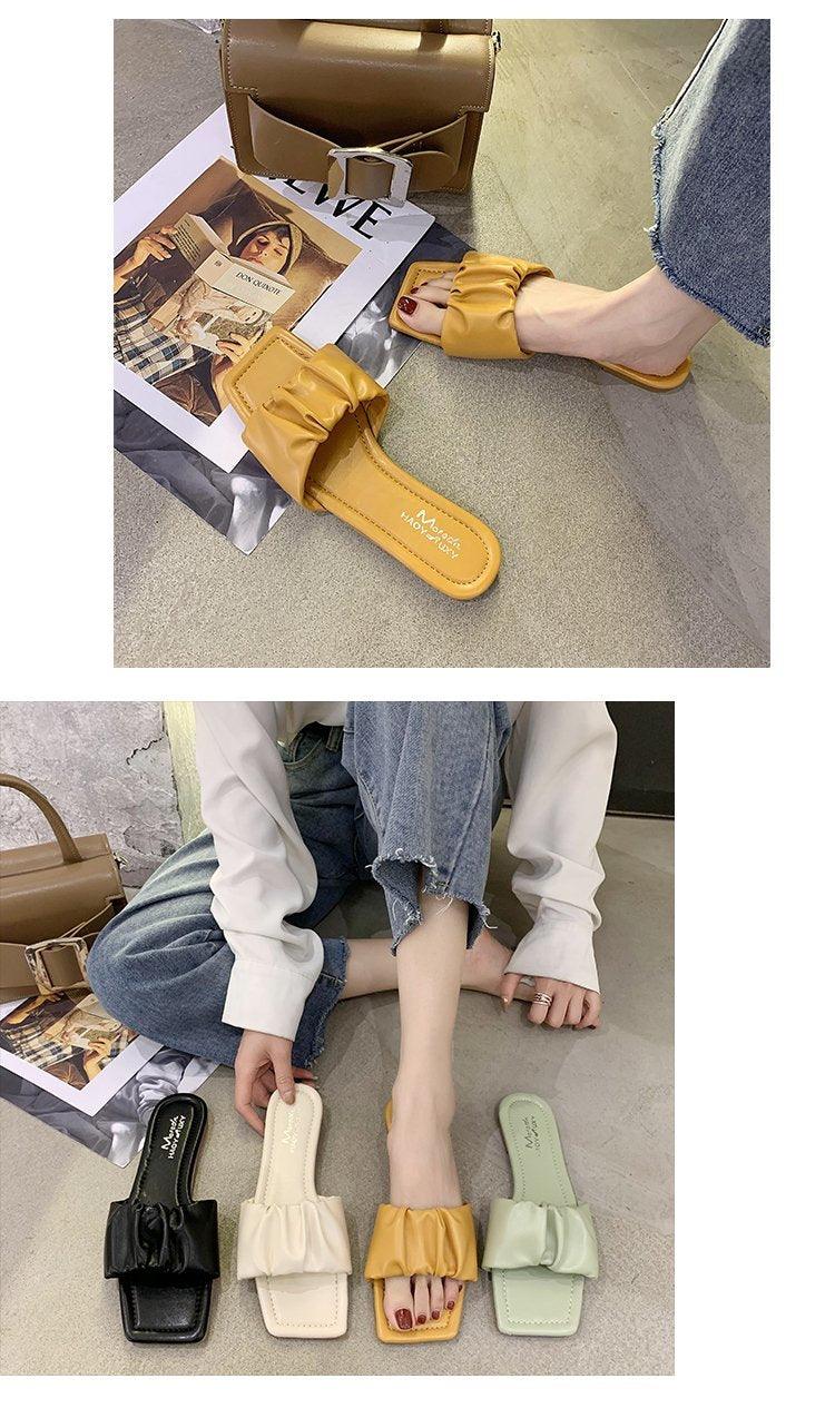 Summer Women Sandals Slippers Pleated Flip Flop Casual Beach Square Open Toe Shoes Outdoor Slippers Open Toe Flat Sandals Slip On Slide Sandals Strap Flat Sandals