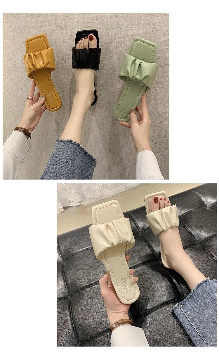 Summer Women Sandals Slippers Pleated Flip Flop Casual Beach Square Open Toe Shoes Outdoor Slippers Open Toe Flat Sandals Slip On Slide Sandals Strap Flat Sandals