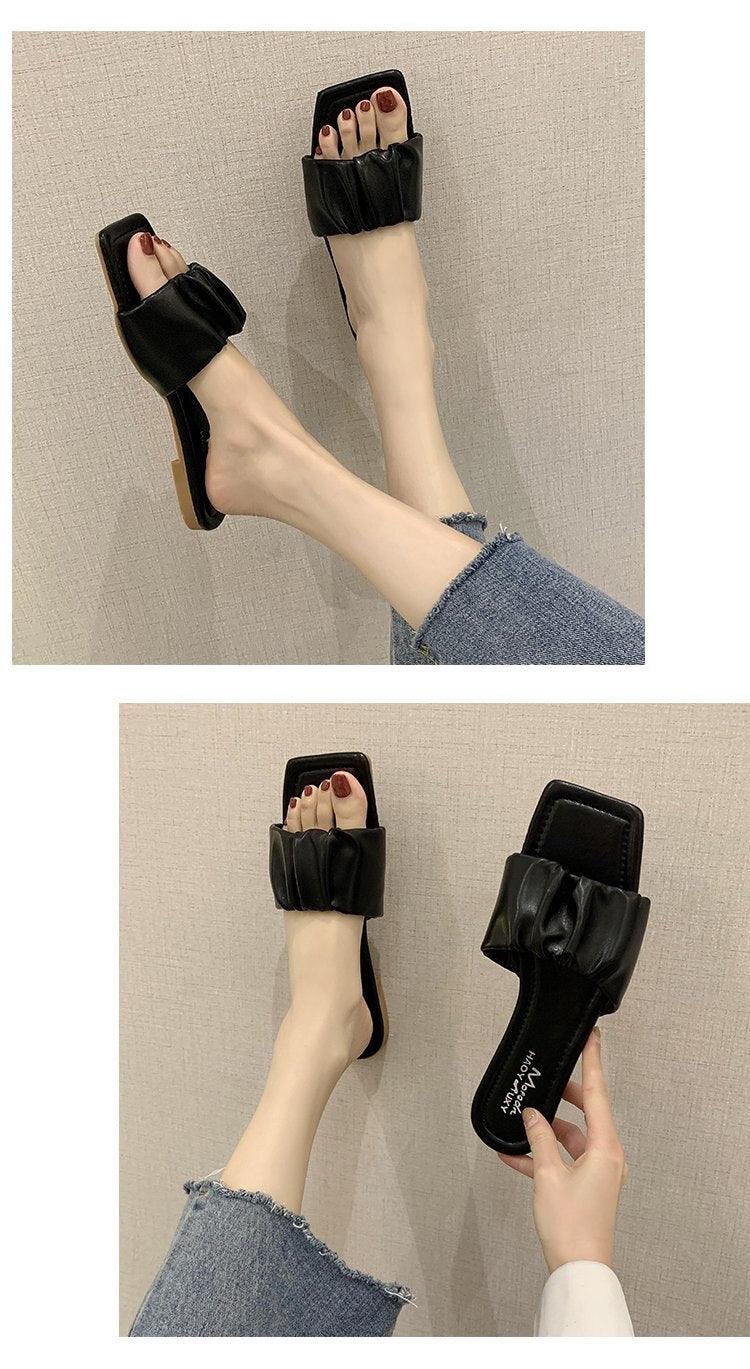 Summer Women Sandals Slippers Pleated Flip Flop Casual Beach Square Open Toe Shoes Outdoor Slippers Open Toe Flat Sandals Slip On Slide Sandals Strap Flat Sandals