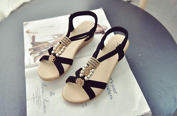 Summer Women Sandals Soft Comfortable Modern Shoes Flat Pearl Sandals Comfortable Ankle Strap Sandals Slip On Flat Sandal Elastic Comfort Summer Shoes