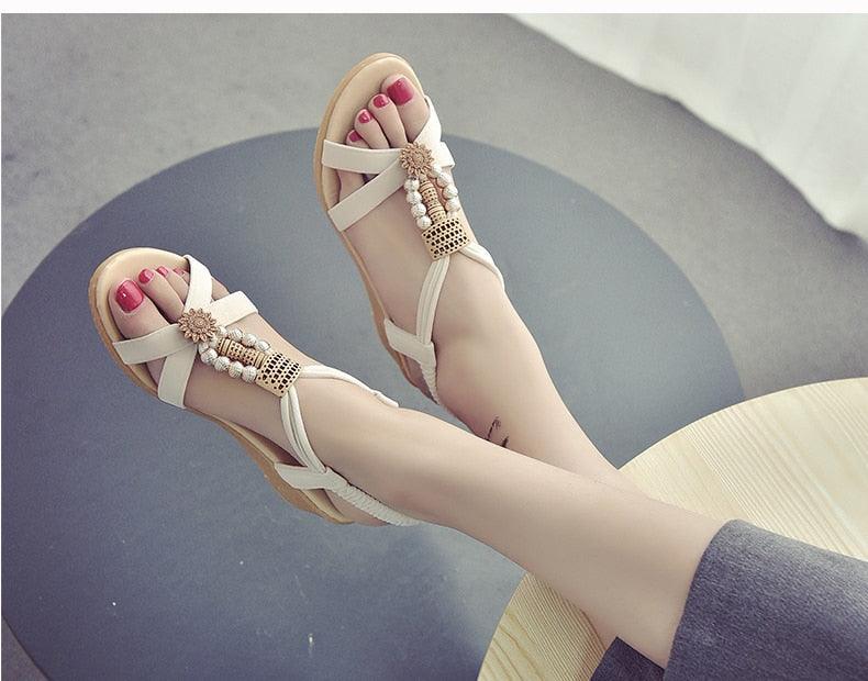Summer Women Sandals Soft Comfortable Modern Shoes Flat Pearl Sandals Comfortable Ankle Strap Sandals Slip On Flat Sandal Elastic Comfort Summer Shoes