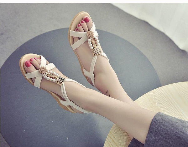 Summer Women Sandals Soft Comfortable Modern Shoes Flat Pearl Sandals Comfortable Ankle Strap Sandals Slip On Flat Sandal Elastic Comfort Summer Shoes