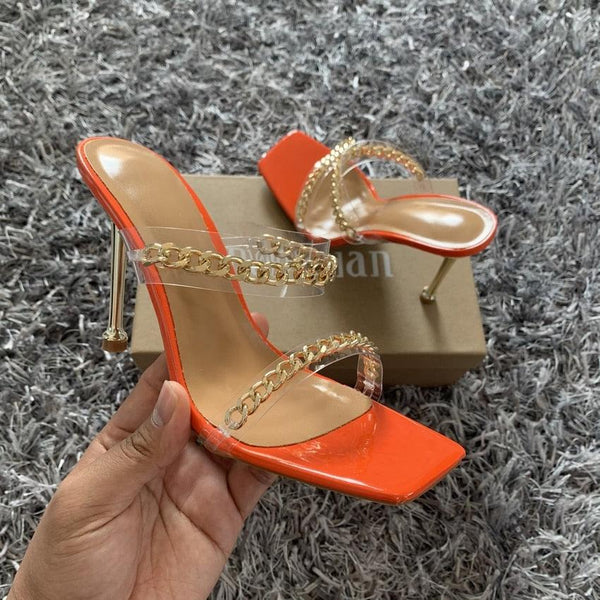Summer Women Sandals Square Toe Ladies Heel Clear Transparent High Heels Slippers Fashion Chain Woman Open Toe Slip On Dress Luxury Party Backless Slides High Heels Slipper