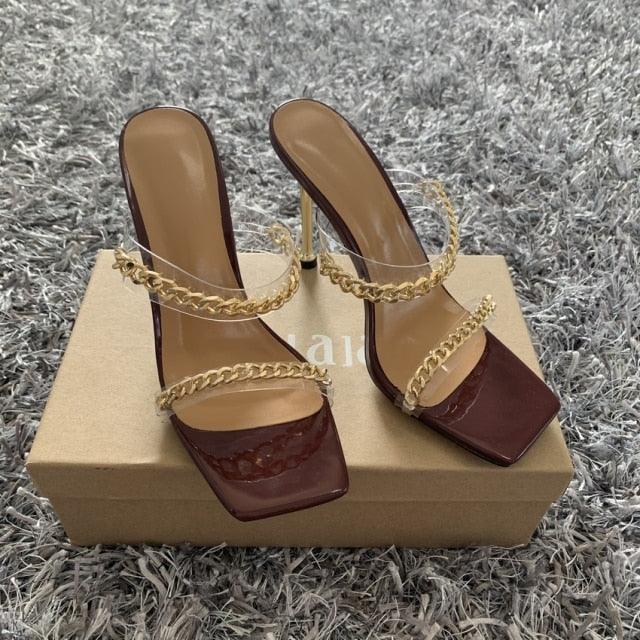 Summer Women Sandals Square Toe Ladies Heel Clear Transparent High Heels Slippers Fashion Chain Woman Open Toe Slip On Dress Luxury Party Backless Slides High Heels Slipper