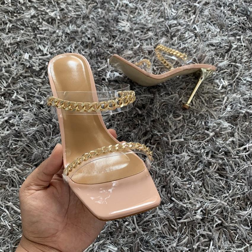 Summer Women Sandals Square Toe Ladies Heel Clear Transparent High Heels Slippers Fashion Chain Woman Open Toe Slip On Dress Luxury Party Backless Slides High Heels Slipper