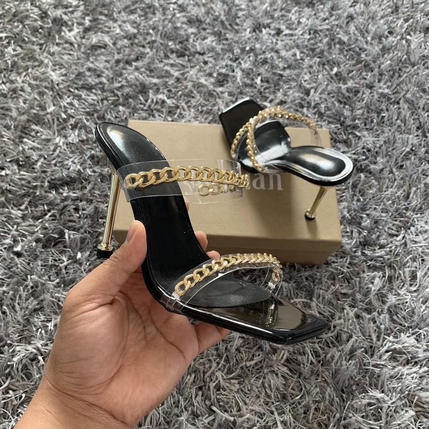 Summer Women Sandals Square Toe Ladies Heel Clear Transparent High Heels Slippers Fashion Chain Woman Open Toe Slip On Dress Luxury Party Backless Slides High Heels Slipper