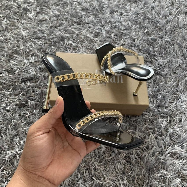 Summer Women Sandals Square Toe Ladies Heel Clear Transparent High Heels Slippers Fashion Chain Woman Open Toe Slip On Dress Luxury Party Backless Slides High Heels Slipper